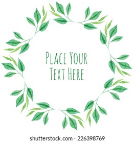 Round frame green leaves and branch garland - watercolor vector template