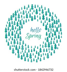Round frame with green leaves and hello spring inscription. Round green leaves of trees and plants frame template. Vector illustration.
