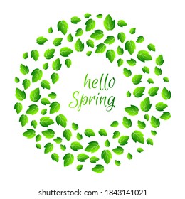 Round frame with green leaves and hello spring inscription. Round green leaves of trees and plants frame template. Vector illustration.