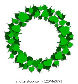 Round frame of green leaves. Paper cut style. Vector illustration