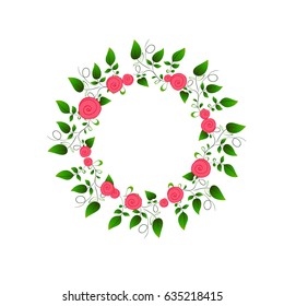 Round frame of green leaves and roses