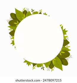 Round frame of green leaves. Summer nature border on white background.