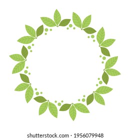 Round frame with green leaves. Template, place for text, design of cards, banners. Green tea leaves, matcha. Healthy lifestyle, ecology, spring frame. Illustration in flat style