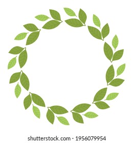 Round frame with green leaves. Template, place for text, design of cards, banners. Green tea leaves, matcha. Healthy lifestyle, ecology, spring frame. Illustration in flat style