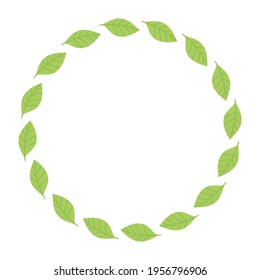 Round frame with green leaves. Template, place for text, design of cards, banners. Green tea leaves, matcha. Healthy lifestyle, ecology, spring frame. Illustration in flat style