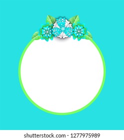 Round frame with green line and flowers with spare place for text, banner in flat style. Paper empty card decorated by blossom and leaves on blue vector