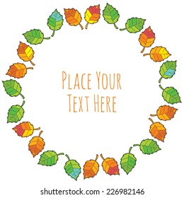 Round frame green and orange leaves garland - watercolor vector template