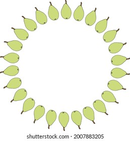Round frame with green pears on white background. Vector image.