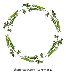 Round frame with green peas, leaves and flowers. Decorative circle template with fresh vegetables for your design