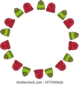 Round frame with green and red winter hat on white background. Doodle style. Vector image.