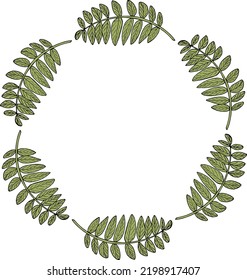 Round frame of green rowan leaves on white background. Vector image. Doodle style.