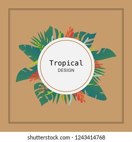 Round frame of green summer tropical leaves.green floral used for background.
On  brown vintage background.Vector illustration
