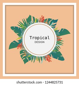 Round frame of green summer tropical leaves.green floral used for background.
On vintage background.Vector illustration
