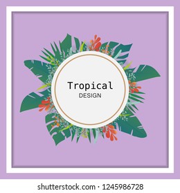 Round frame of green summer tropical leaves.green floral used for background. On vintage color tone background.Vector illustration