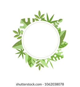 Round frame with green tropical leaves on background. Botanical theme. Flat vector for invitation card, interior decor or save the date