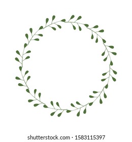 Round frame of green twigs and leaves. Design template for logo, invitation, greetings. Laconic stylish wreath. Border in a minimalist style. Vector stock illustration. Isolated on a white background