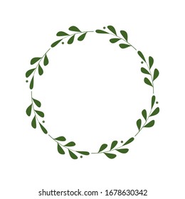 Round frame of green twigs with leaves and berries. Design template for logo, invitation, greetings. Laconic stylish wreath. Minimalist border. Deciduous wreath. Stock vector illustration