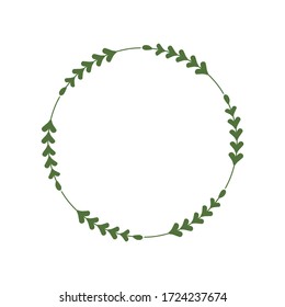 Marco redondo de ramitas verdes con hojas. Plantilla de diseño para logotipo, invitación, saludos. Corona lacónica y elegante. Borde minimalista. Una corona divino. Ilustración vectorial, palo, hoja