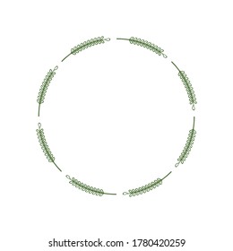 Round frame of green twigs with leaves. Design template for logo, tag. Laconic stylish wreath. Minimalist border. Ornament for jewelry accessories, postcard design, scrapbooking. Vector illustration