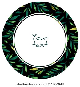 Runder Rahmen mit Grün auf schwarzem Hintergrund; für Grußkarten, Einladungen, Hochzeitskarten, Poster, Banner, Webdesign.