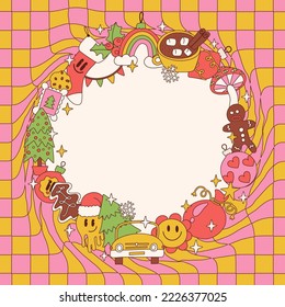 Round frame with Groovy Christmas bright elements, colorful toons characters and sweet food. Tritty Concept fir Xmas and New Year with distorted checkered background. Vector illustration.