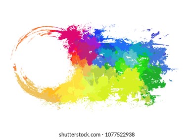 Round frame with grungy scuffs and rainbow watercolor sprays. Ink stains. Vector element for invitations, banners and your design