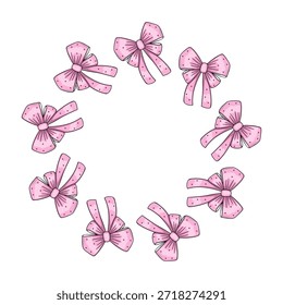 Marco redondo con lazos de pelo. Ilustración vectorial para estampado, fondos, fundas y embalaje. La Imagen se puede utilizar para tarjetas de felicitación, carteles, pegatinas y textiles. Aislado sobre fondo blanco.