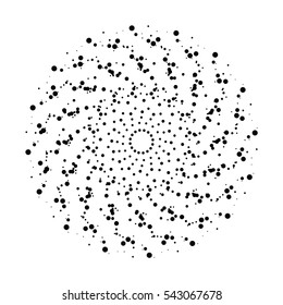 Round frame of halftone dots isolated on white. Halftone dots pattern in the circle. Screen printing chaotic pattern. Abstract vortex. Circular pop art pattern. Abstract whirligig. Distress texture.