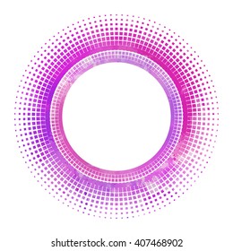 Round frame with halftone and purple watercolor background. Vector element for banners sites, design of printed products and your design