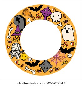 round frame for halloween in cartoon style. round bright-colored doodle template of ghosts, mummies, skulls, cobwebs and bats with an empty space for text. Doodle template halloween color, great 
