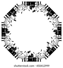 Round frame with Halloween house. Vector clip art.