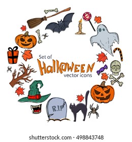 Round frame with Halloween icons. Template for packaging, cards, posters, menu. Vector stock illustration.