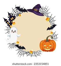 Round frame with Halloween items. Lantern pumpkin, cute ghost, spider web, haunted house, candy corn, bat. For badges, postcards, invitations, banners. Vector illustration.