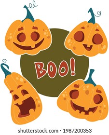 Round frame for Halloween with pumpkin decor. Cheerful cartoon character with a smile. The inscription boo Vector illustration in children s style. Isolated funny clipart on a white background fun