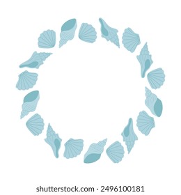 Round frame with hand drawn blue seashells. Template for print, fabric, greeting card and invitation. Isolated vector illustration
