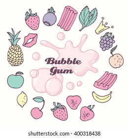 Round frame with hand drawn bubble gum and fruit, berry and mint flavors. Sweet background. Vector illustration