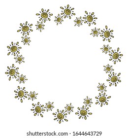 Round frame with hand drawn by the sun on a white background. Template for scrapbooking. Cute greeting card. It can be used for the design of various paper products: greeting cards, calendars.