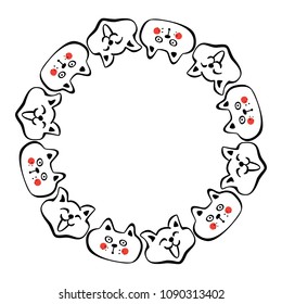 Round Frame with Hand Drawn Cats. Funny Cat Emoticons Background. Sketched Vector Illustration