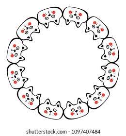 Round Frame with Hand Drawn Cats. Funny Cat Emoticons Background. Sketched Vector Illustration