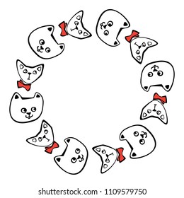 Round Frame with Hand Drawn Cats. Funny Cat Emoticons Background. Sketched Vector Illustration