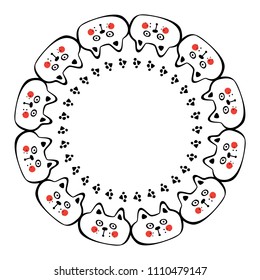 Round Frame with Hand Drawn Cats. Funny Cat Emoticons Background. Sketched Vector Illustration
