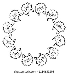 Round Frame with Hand Drawn Cats. Funny Cat Emoticons Background. Sketched Vector Illustration