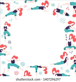 Round frame with hand drawn color doodle women in yoga poses. White free space for text. Female People doing activities and sports flat vector illustration. Yoga girl in fitness position.