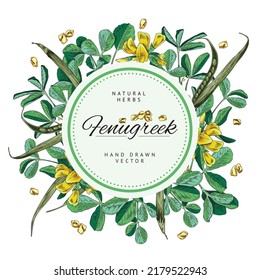 Round frame with hand drawn colorful fenugreek plants and flowers sketch style, vector illustration isolated on white background. Decorative design element, natural herbs