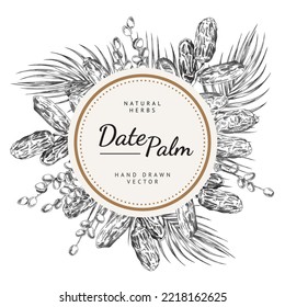 Marco redondo con frutos de palma de dátiles dibujados a mano y hojas estilo de esbozo, ilustración vectorial aislada en fondo blanco. Diseño decorativo para imprenta y web, hierbas orgánicas naturales