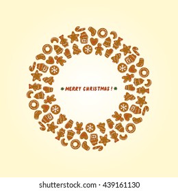 Round frame with Hand Drawn Doodle different Christmas gingerbread. Xmas Cookies. Merry Christmas Vector Holiday card template