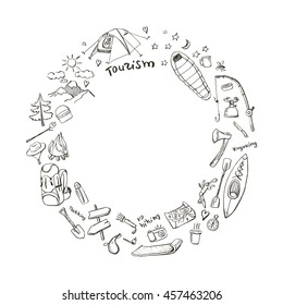 Round frame with hand drawn doodles of camping gear.