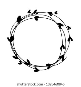 Round frame with hand drawn hearts on white background. Wreath for wedding invitation and birthday card. Ink illustration. Hearts border for text, photo, save date, logo
