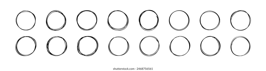 Round frame with hand drawn lines and doodle shapes. Scribbles created with pencil and pen. icon and handdrawn outline. Flat vector illustration isolated on white background.