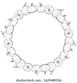 Round frame with hand drawn outline pumpkins. Autumn wreath with black and white contour vegetables for your design